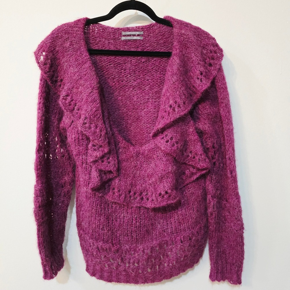 Anthropologie Ruffle Knit Sweater Pullover Berry Pink Open Knit Size M